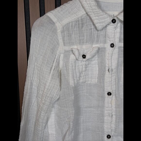 Free People Top Small Womens White Gauze Knit Long Sleeve Button Pocket - Picture 6 of 9